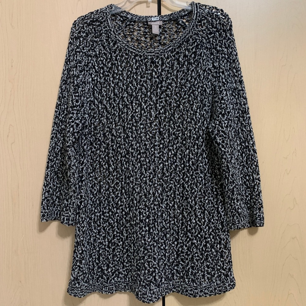 Chico's Womens 3/4 Sleeve Black White Textured Knit Tunic Sweater Size 3 (XL/16)